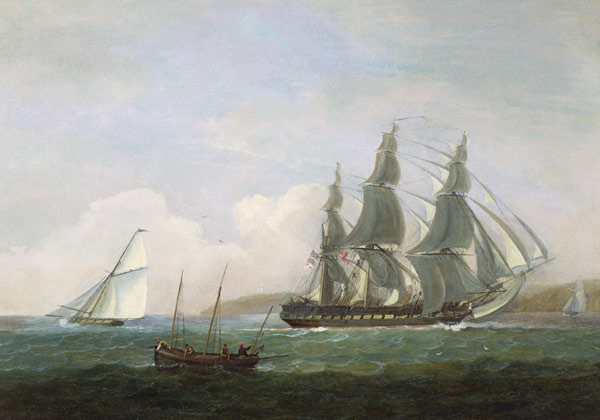 A frigate running under full sail, with a cutter and a lugger off the West Country de Thomas Luny