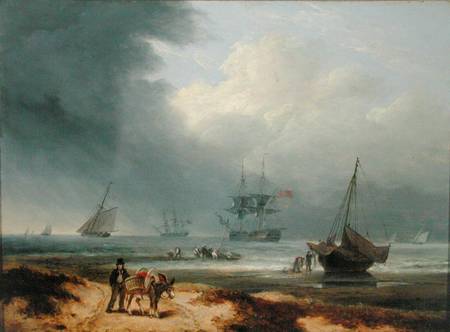 Shipping in a Windswept Bay with Men Working on the Shore de Thomas Luny