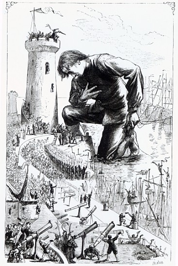 Gulliver kneels before the Lilliputians after stealing the Blefuscudian fleet, illustration from ''G de Thomas Morten