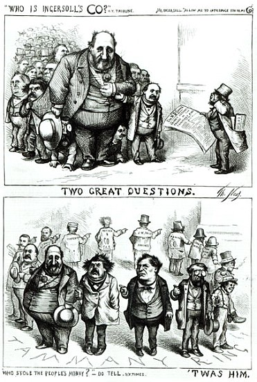 Cartoons featuring William Marcy ''Boss'' Tweed, James Ingersoll and George Miller, from ''Harper''s de Thomas Nast