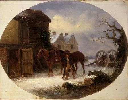Boy leading horses to a barn in the snow de Thomas Smythe