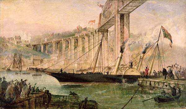 Opening Ceremony of the Royal Albert Bridge, Saltash, with a Paddle Steamer Passing Underneath de Thomas Valentine Robins