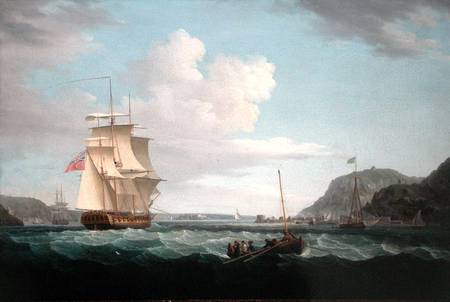 A British Frigate with a Longboat off the Headland of Gallows Hill, Broad Bay, Isle of Lewis, Hebrid de Thomas Whitcombe
