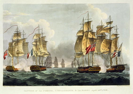 Capture of La Pomone, L'Engageante and La Babet, April 23rd 1794, engraved by Thomas Sutherland for de Thomas Whitcombe