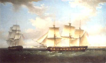 The Indiaman in two positions off Walmer Castle, Kent de Thomas Whitcombe