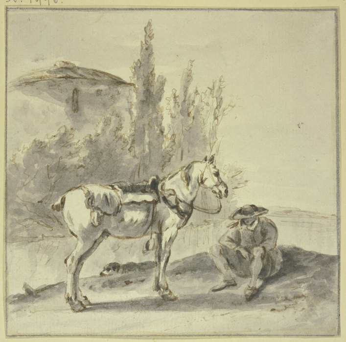 Ein Bauer sitzt bei seinem Pferde de Thomas Wijck