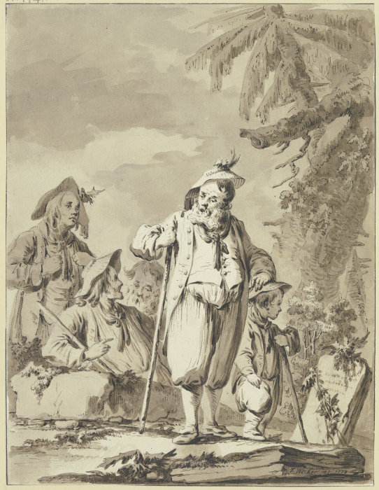 Ein alter Bauer mit drei Begleitern und einem Knaben bei einem Gedenkstein de Tiberius Dominikus Wocher
