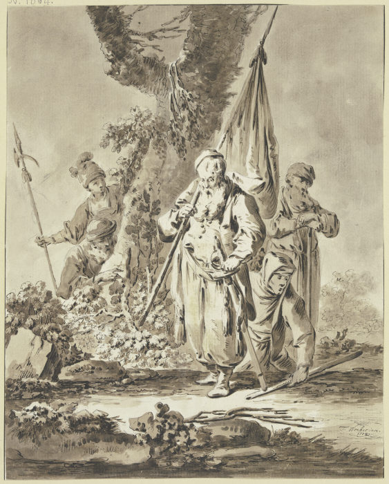 Ein alter Mann mit Fahne und Degen sowie zwei weitere Figuren, allesamt den Blick zu Boden gesenkt,  de Tiberius Dominikus Wocher
