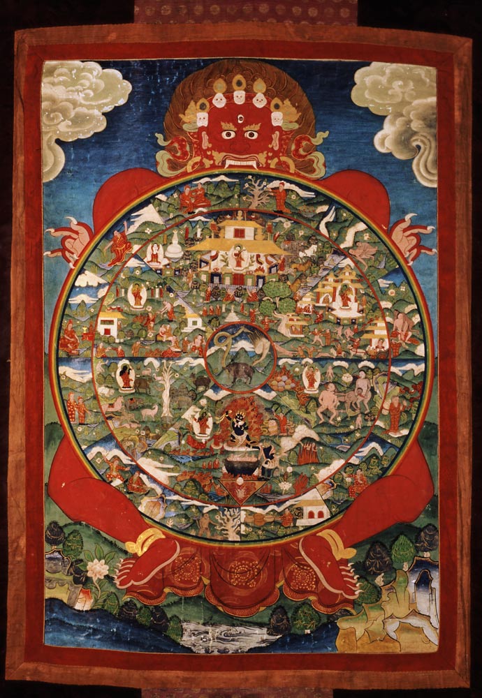 Thangka, depicting Wheel of Life turned by red Yama (Lord of Death) de Tibetan