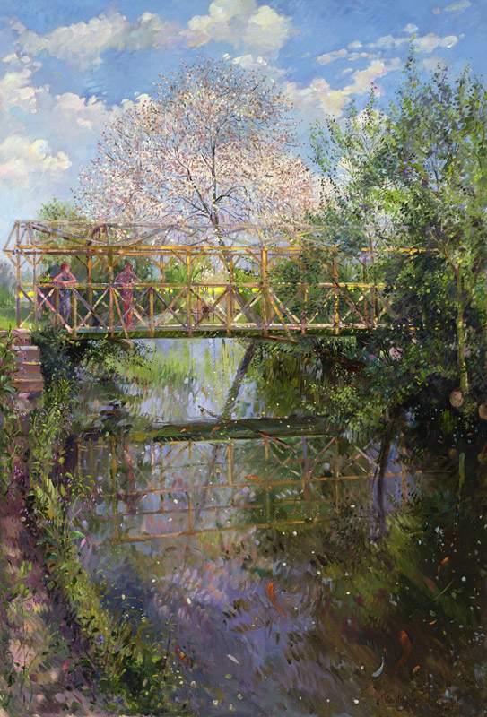 Flowering Cherry and Trellis Bridge  de Timothy  Easton