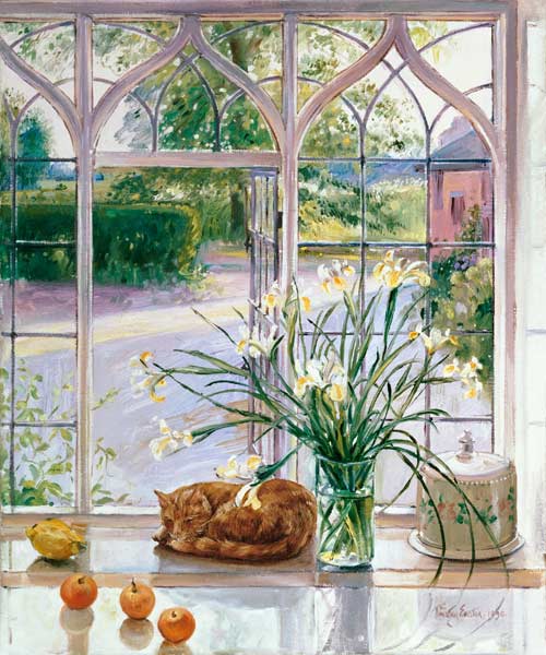 Irises and Sleeping Cat, 1990  de Timothy  Easton