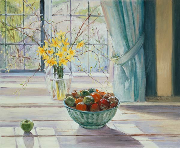Fruit Bowl with Spring Flowers, 1990 (oil on canvas)  de Timothy  Easton