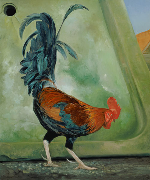Popinjay, detail showing cockerel, 1987 (oil on canvas)  de Timothy  Easton