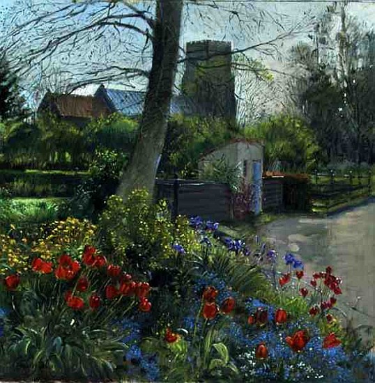 Red Tulips and Bedfield Church (oil on canvas)  de Timothy  Easton