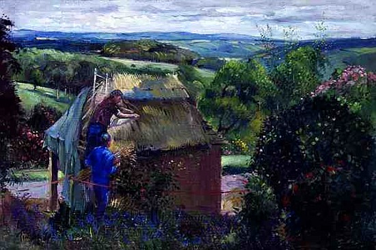 Thatching the Summer House, Lanhydrock House, Cornwall, 1993 (oil on canvas)  de Timothy  Easton