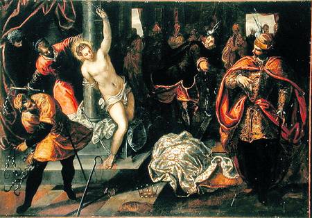 Saint Catherine of Alexandria being whipped in the presence of Emperor Maxentius de Tintoretto (aliasJacopo Robusti)