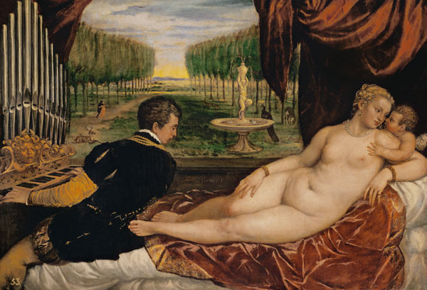 Venus with the organ player and a Putto. de Tiziano Vecellio