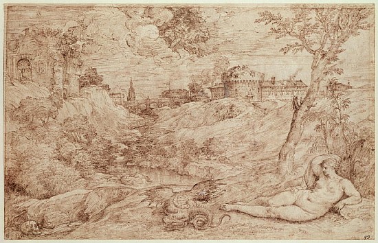 Landscape with a Dragon and a Nude Woman Sleeping (pen & ink and wash on paper) de Tiziano Vecellio