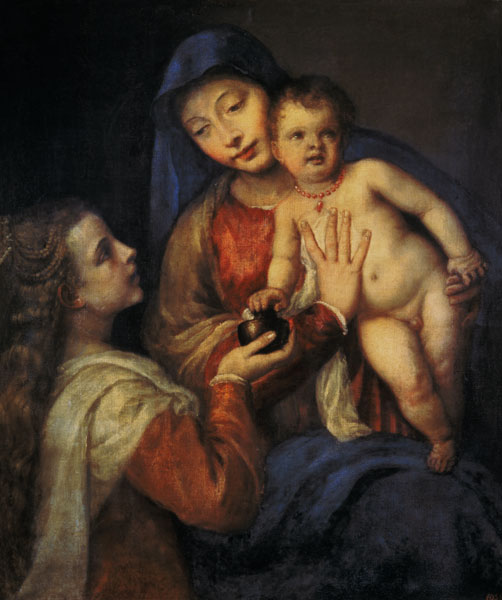 Madonna with child and Maria Magdalena. de Tiziano Vecellio