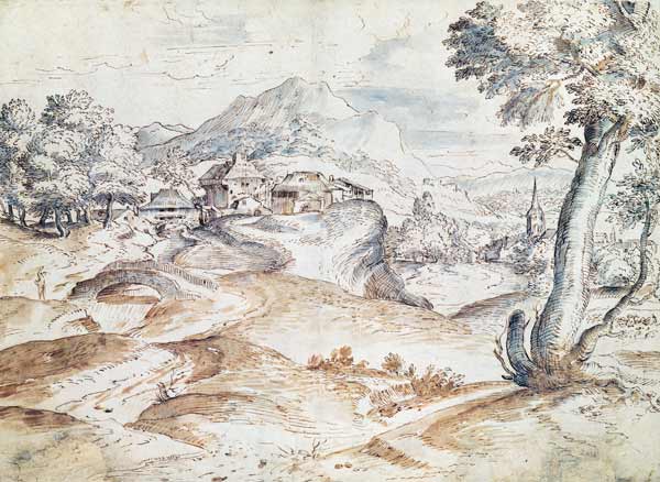 Wooded landscape with village and church (wash & ink on paper) de Tiziano Vecellio