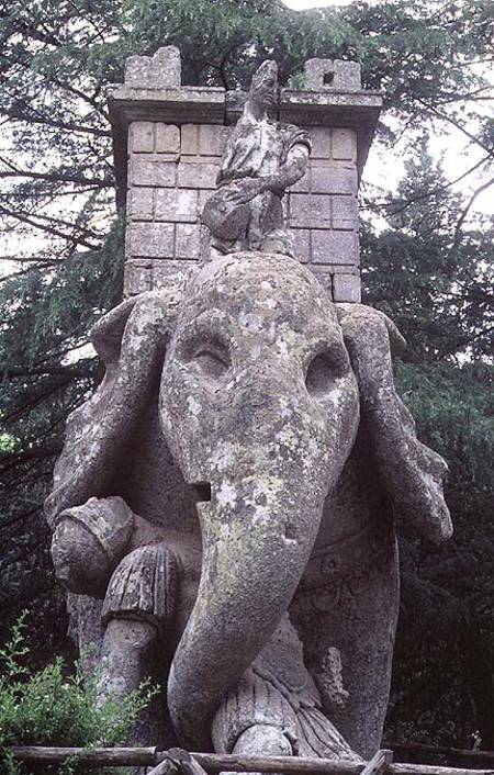 One of Hannibal's elephants, stone sculpture in the Parco dei Mostri (Monster Park) gardens laid out de to designs sy Giacomo Barozzi da Vignola the Duke of Orsini
