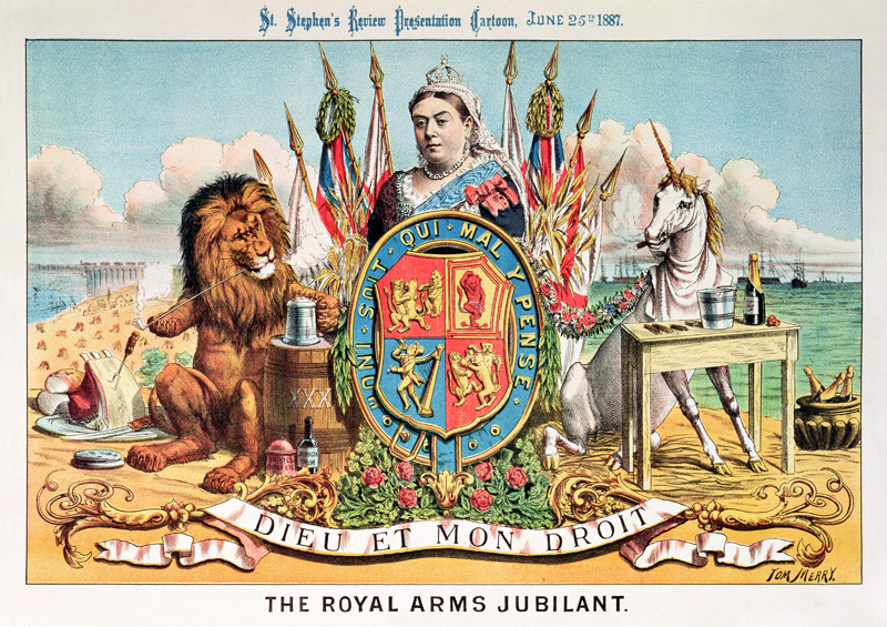The Royal Arms Jubilant, from 'St. Stephen's Review Presentation Cartoon', 25 June 1887 (colour lith de Tom Merry