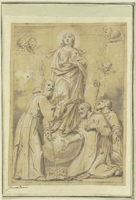Maria Immakulata über der Schlange auf der Mondsichel und der Weltkugel stehend, von drei Jesuitenhe