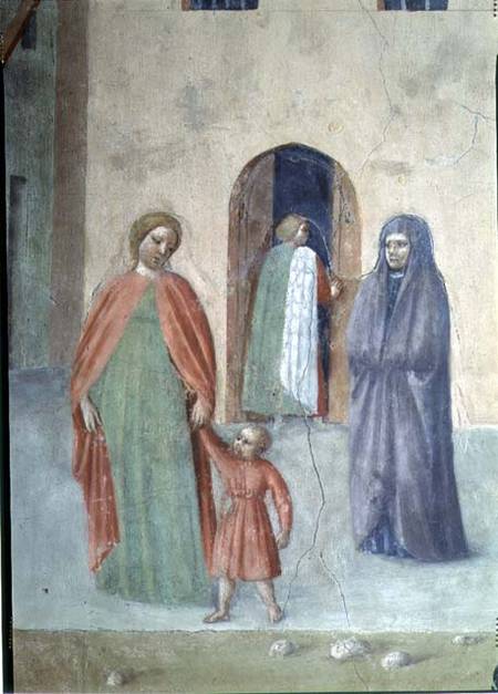 St. Peter Healing a Cripple and the Raising of Tabitha (Detail of distant figures: nun and mother an de Tommaso Masolino da Panicale