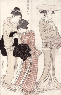 Young woman wearing a wide straw hat, followed by a servant and a companion carrying a 'furoshiki', de Torii Kiyonaga
