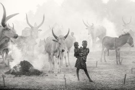 Dinka siblings in cattle camp