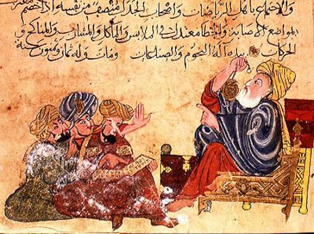 Aristotle teaching. illustration from 'The Better Sentences and Most Precious Dictions' by Al-Moubba de Turkish School