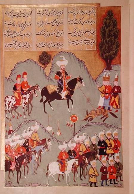 Sultan Murad I (c.1326-1389) hunting a wolf, from 'Hunernama' (Mss Hazine. 1524 f.83v) de Turkish School