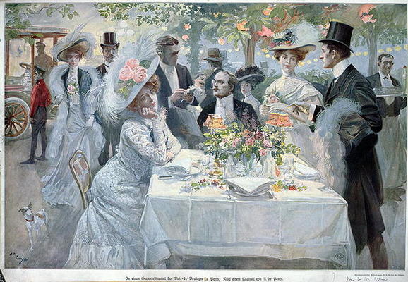 'In a restaurant in the Bois de Boulogne in Paris', late 19th century (colour litho) de U de Parns