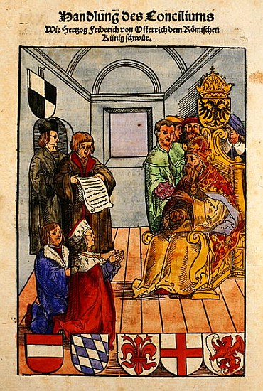 Frederick IV, Duke of Austria, declaring his fealty to the Emperor at the Council of Constance, from de Ulrich von Richental