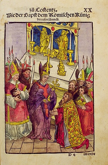 Pope Martin V gives Sigismund the symbolic gift of the Golden Rose at the Council of Constance, from de Ulrich von Richental