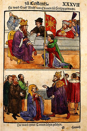 Sigismund raises Count Adolph of Cleves to the rank of Duke at the Council of Constance, from ''Chro de Ulrich von Richental