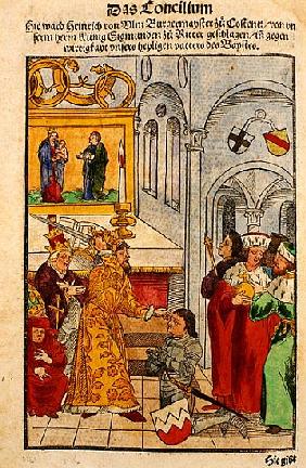 Henry of Ulm is awarded his knighthood the Emperor at the Council of Constance, from ''Chronik des K