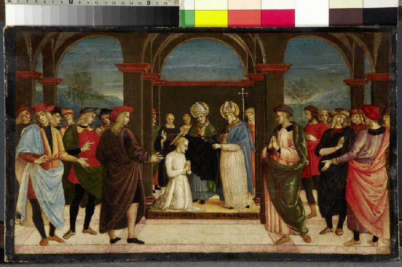 Die Einkleidung des heiligen Augustinus durch den heiligen Ambrosius de um 1500 (Perugino-Nachfolge) Meister
