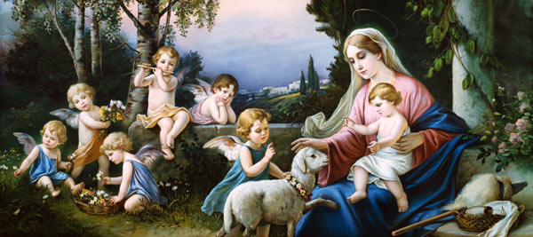 Maria with the Child, Sheep and Puttoi in an idealized Landscape de (um 1900) Anonym