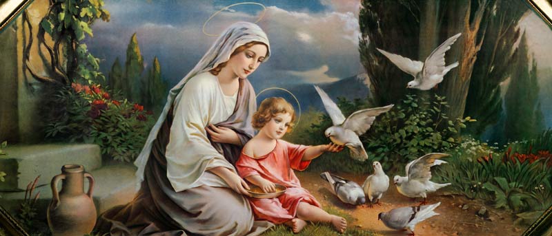 Mary and the Child playing with pigeons in an idealized  Landscape de (um 1900) Anonym