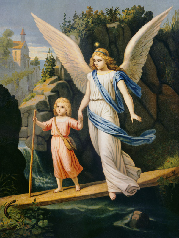 Guardian Angel escorts a Child over a Bridge de (um 1900) Anonym