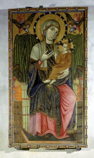 Thronende Maria mit Kind und zwei Engel de um Meister von S. Chiara