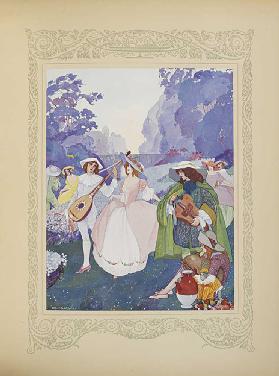 There were shepherds and shepherdesses dancing to the sound of flutes and bagpipes, illustration fro