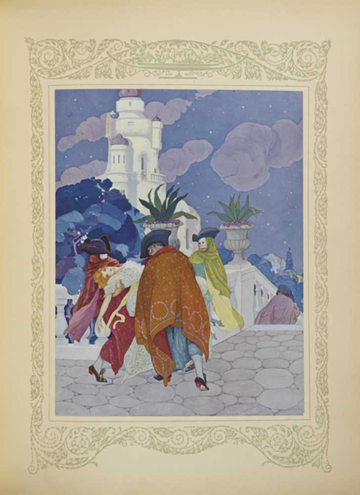 Four masked men carried her to the top of the tower, illustration from Contes du Temps Jadis, or Tal de Umberto Brunelleschi