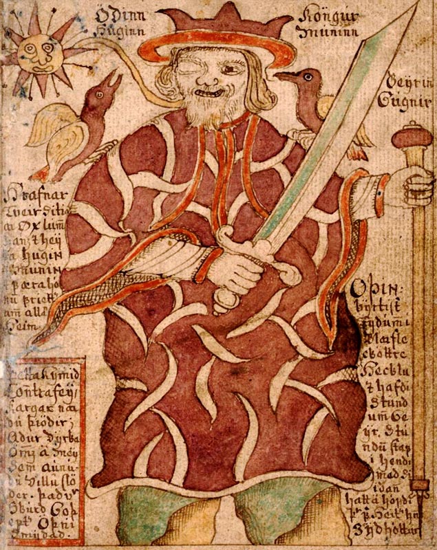 Odin with his ravens Hugin and Munin and his weapons (from the Icelandic Manuscript SÁM 66) de Unbekannter Künstler