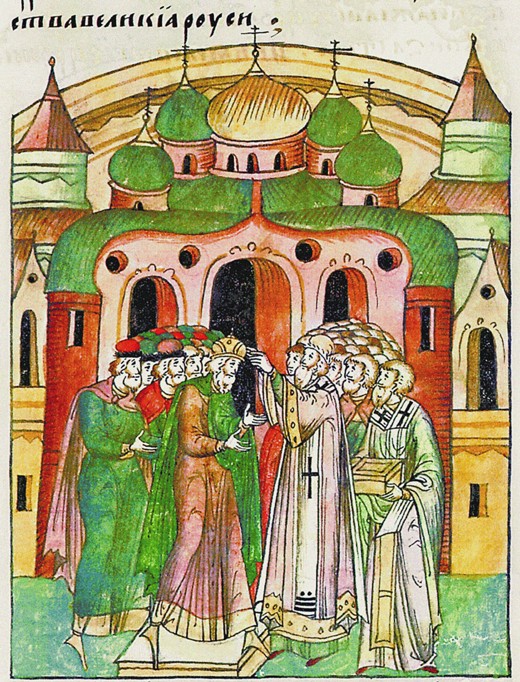 Vladimir Vsevolodovich crowned by Bishop Neophytos with Monomakh's Cap. (From the Illuminated Compil de Unbekannter Künstler