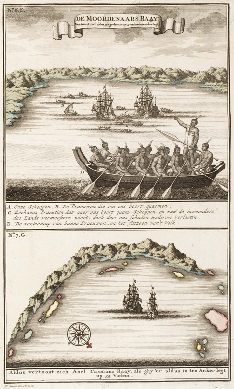 View of the bay with Maori on the coast of New Zealand. The voyage of Abel Tasman in 1642 de Unbekannter Künstler