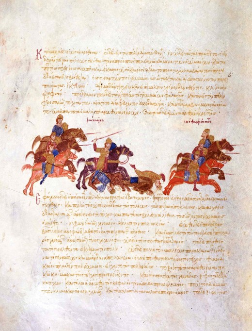Pursuit of Sviatoslav's warriors by the Byzantine army (Miniature from the Madrid Skylitzes) de Unbekannter Künstler