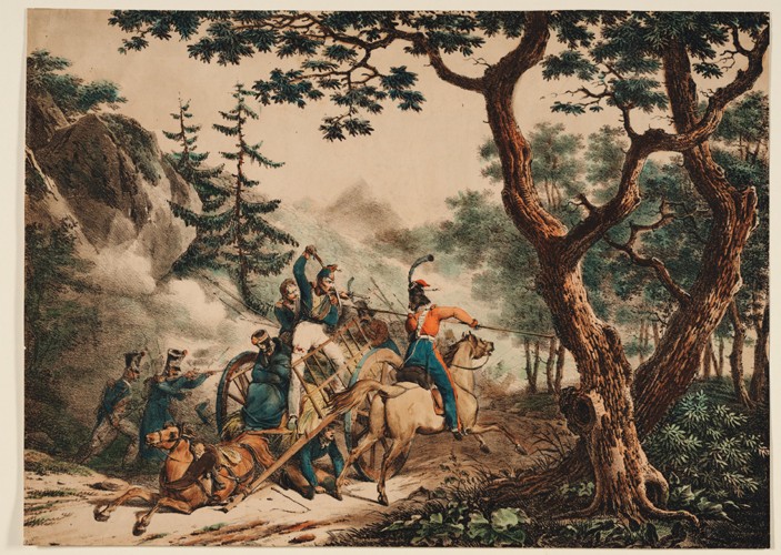 Cossacks attacking French soldiers in a forest de Unbekannter Künstler