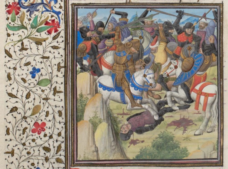 Fight between Christians and Saracens under Saladin. Miniature from the "Historia" by William of Tyr de Unbekannter Künstler